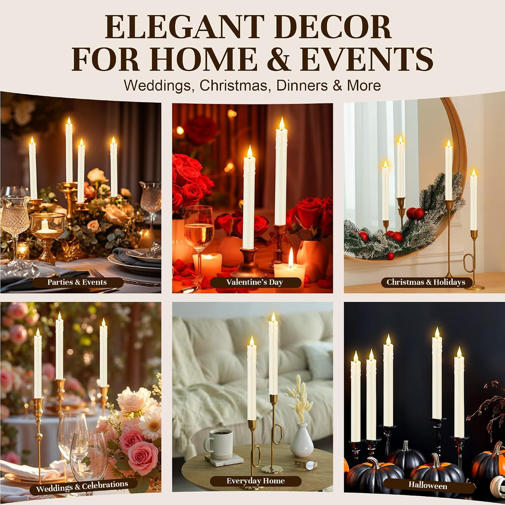 Enhon 6 Pack Flameless Taper Candles with Remote & Batteries, 10" Ivory LED Candle Sticks, 3D Wick & Wax Drip Design, 624+ Hour Battery Operated Candles for Home, Wedding & Christmas Decor