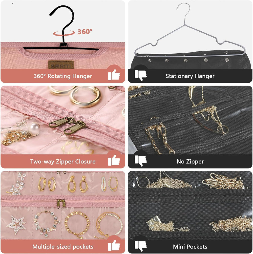 SMRITI Hanging Jewelry Organizer with Zippered Pockets, Double-Sided Accessories Organizer Holder for Earring Necklace Bracelet Ring on Closet Wall Door,Dustproof Foldable for Travel (Pink 1 Pack)