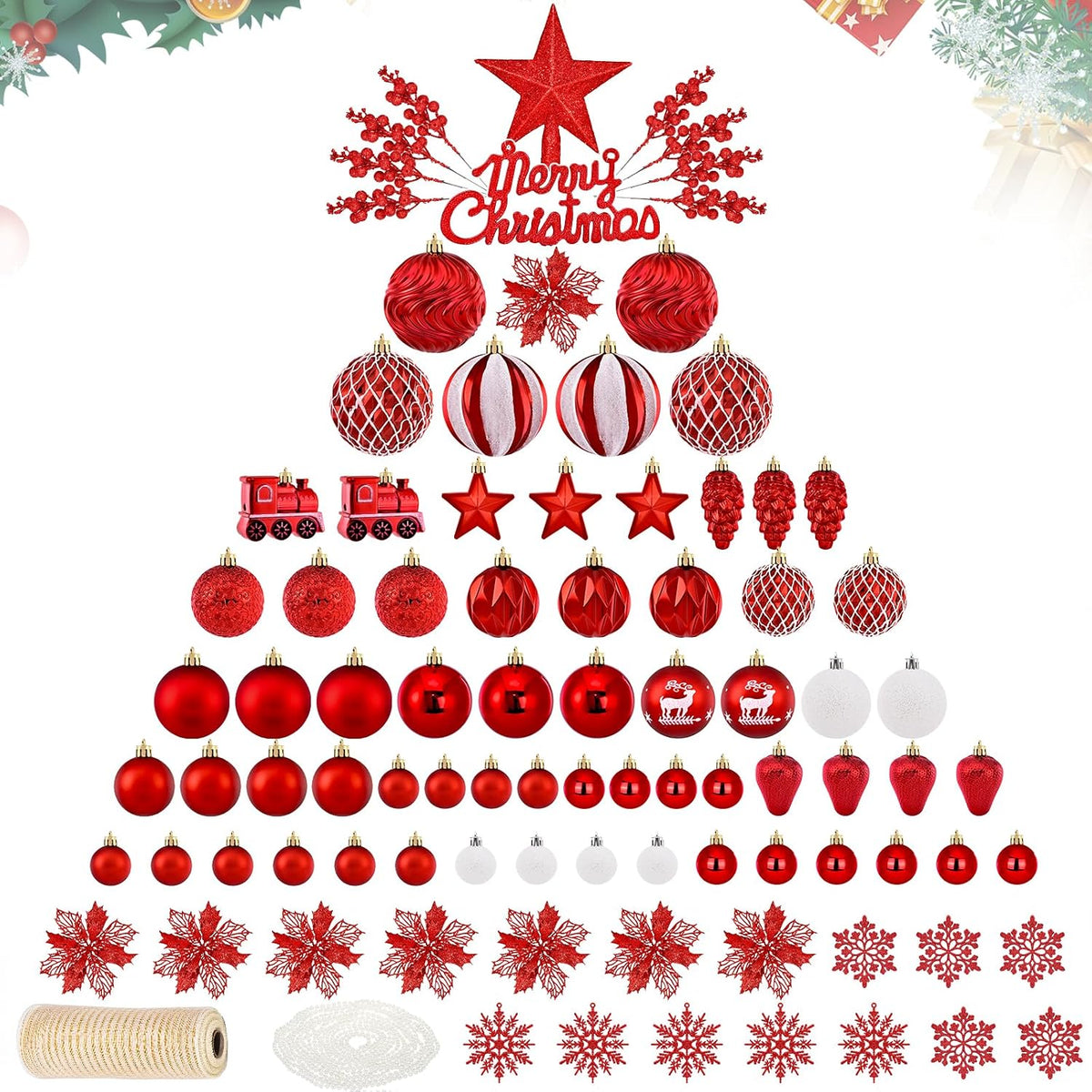 Ktinnead 94 Pcs Christmas Tree Decorations Set, Red Shatterproof Christmas Tree Hanging Ball Ornaments with Glitter Poinsettia Flowers Decorations Berries Snowflakes for Xmas Party Holiday Wedding