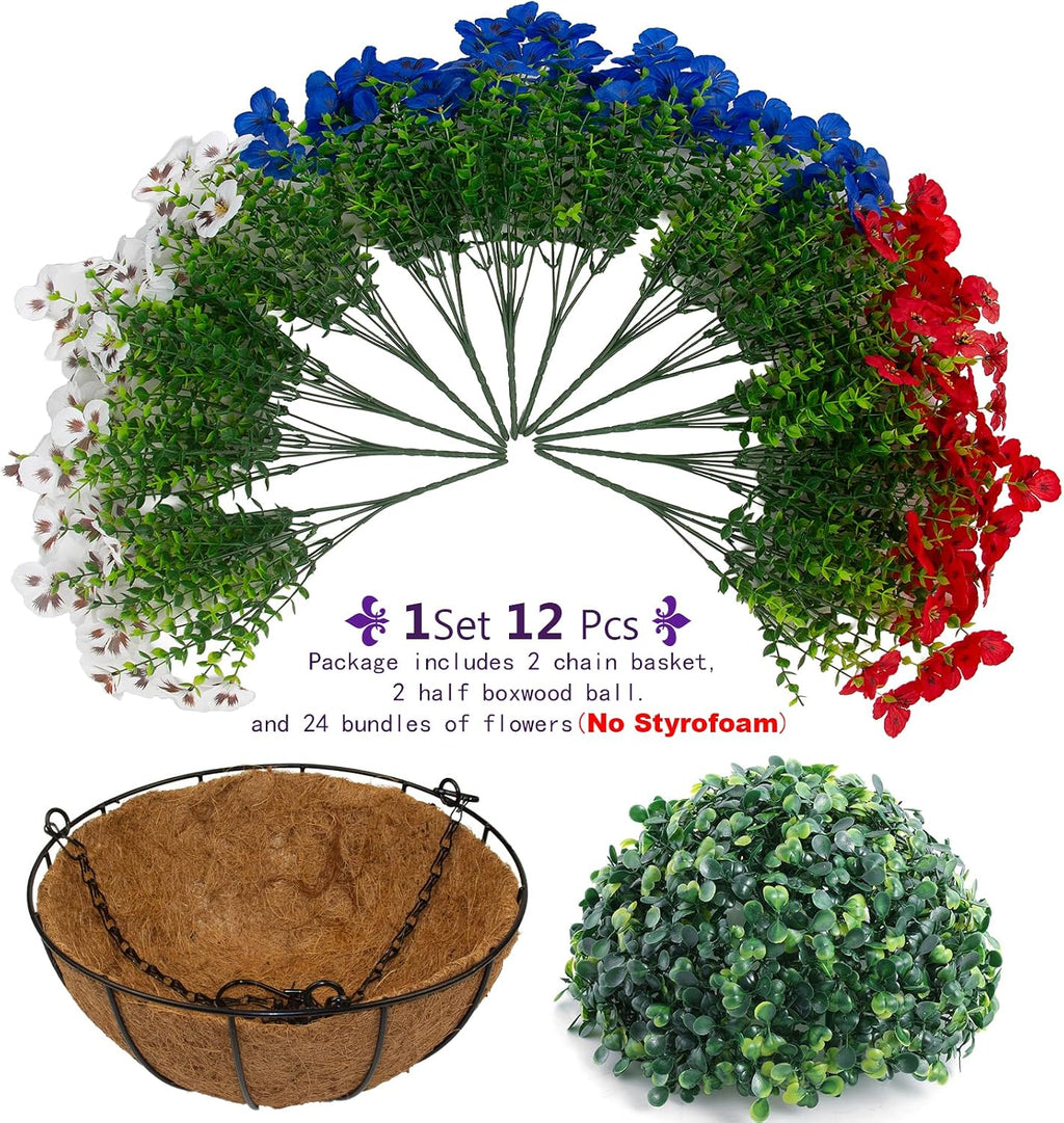 lovemoon 2 Sets Artificial Hanging Pansies Flowers with Baskets, 24 Pcs Faux Patriotic Silk Pansy Outdoor Flower for Porch Patio Garden Home Summer 4th of July Decor (2, RedWhiteBlue)