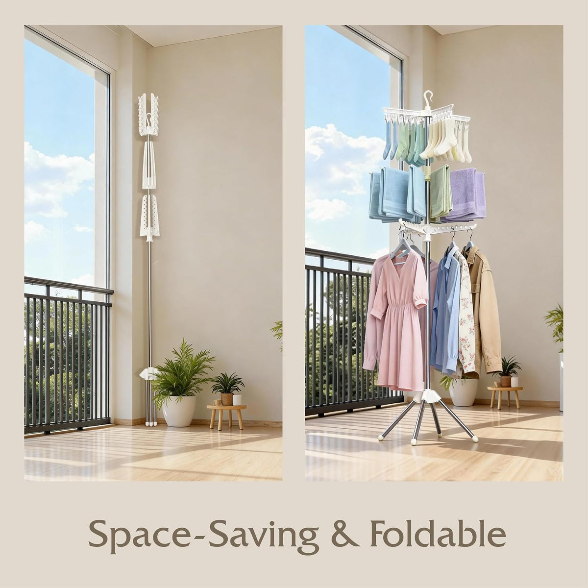 Beaudaily Clothes Drying Rack, Foldable 79.5-Inch Laundry Drying Rack,3 Tie, with Rotatable Arms, Stainless Steel, Holds 27 Clothes,8 Towels and 24 Clips for Hanging Socks, White and Silver