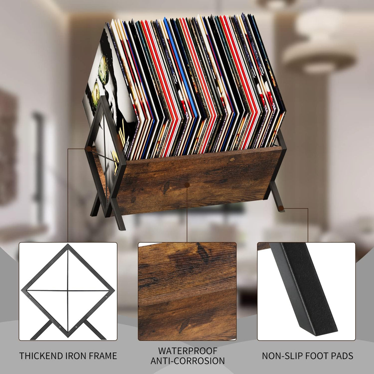 YINMIT Vinyl Record Holder, 80-100 LP Vinyl Record Storage Rack, Quick Assembly Vinyl Record Display, Retro Style Organizer for Magazine, Book, Files, Albums (Rustic Brown, 1 Tier)