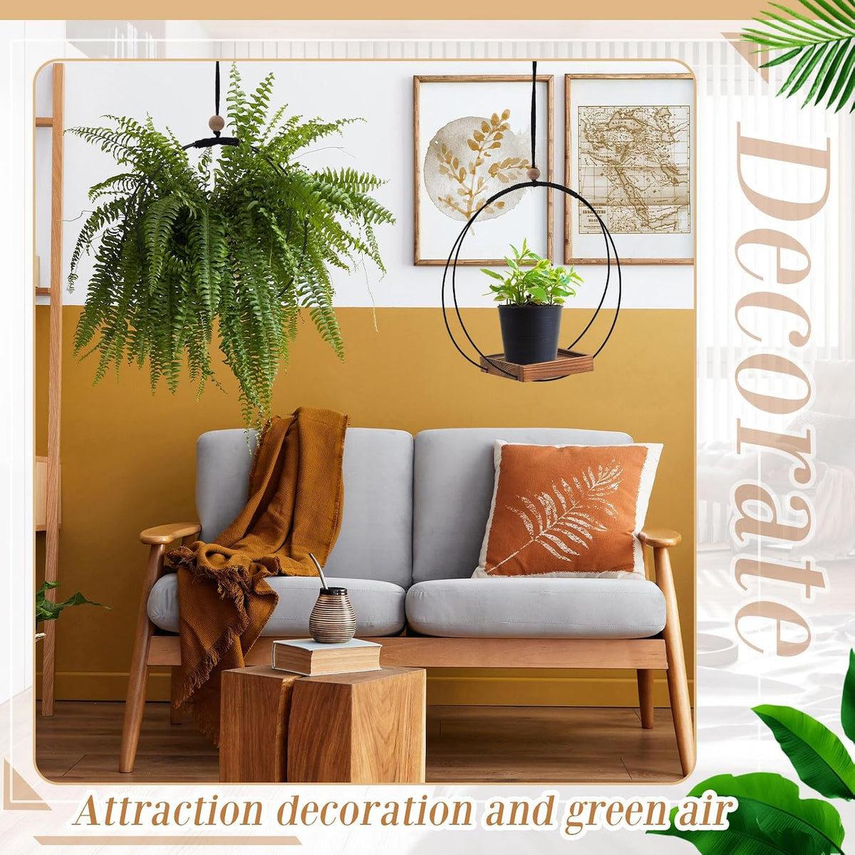 Geelin 4 Pcs Hanging Plant Holder with Wood Base Window Planter Boho, Brown