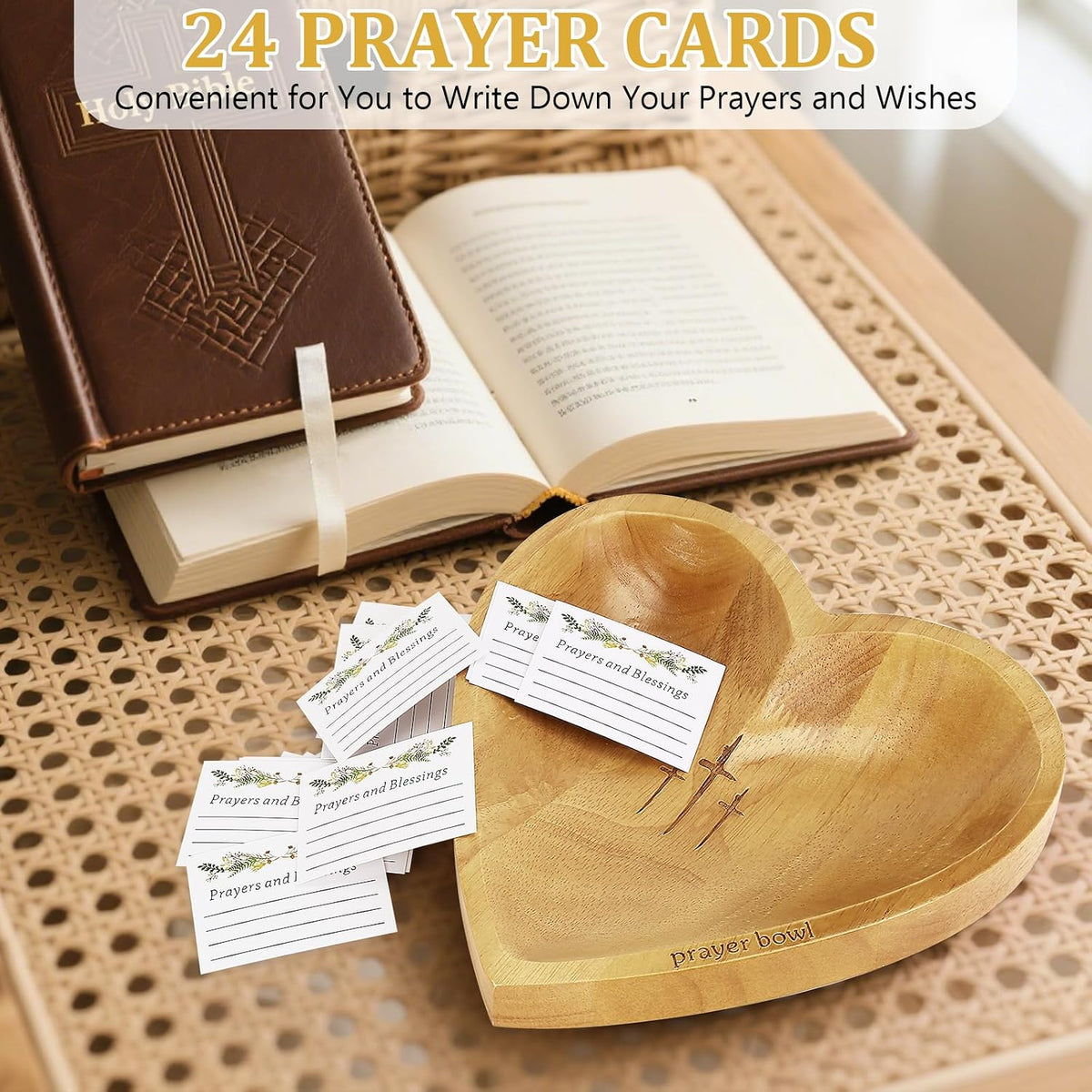 Prayer Bowl with 24 Blessing Cards Wooden Prayer Bowl Rustic Heart Shaped Decor Dough Bowls Christian Gifts for Mom Dad (Light)