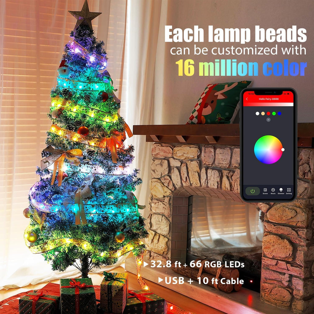 Smart Christmas Tree Ribbon String Lights, 33ft 80 Modes Colors Changing Ribbon Light for Christmas Tree, APP & Remote Control, Sync Musical, Timer, USB (Light Gold)