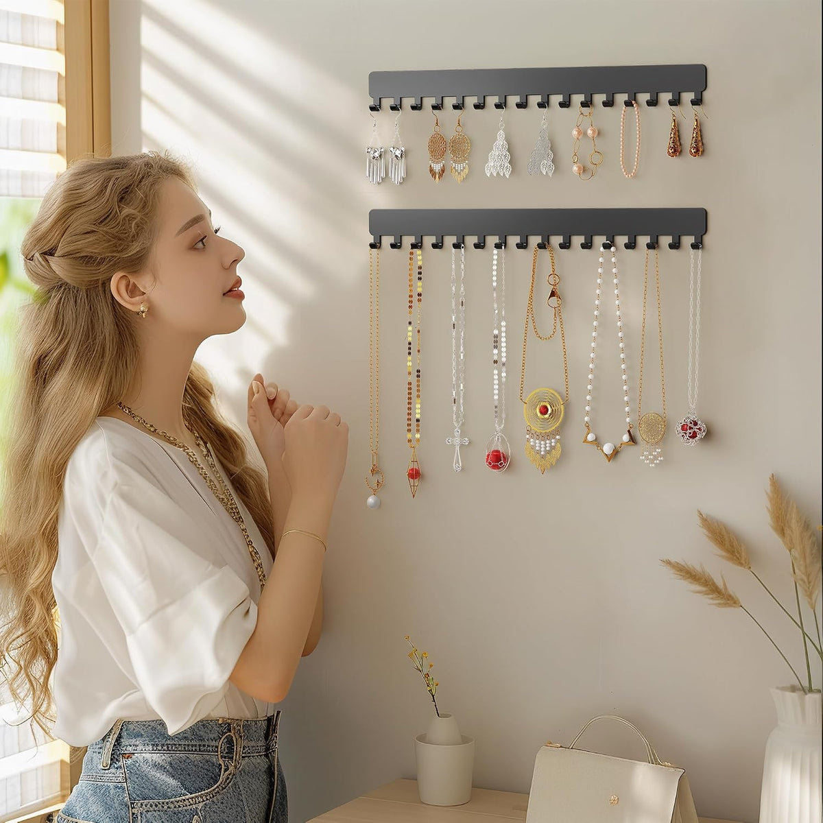 bussdis Extended Self-Adhesive Necklace Holder, Wall Mounted Jewelry Organizer for Necklaces, Earrings, Rings & Bracelets, No Drilling, Space-Saving, 2 Pack, Black