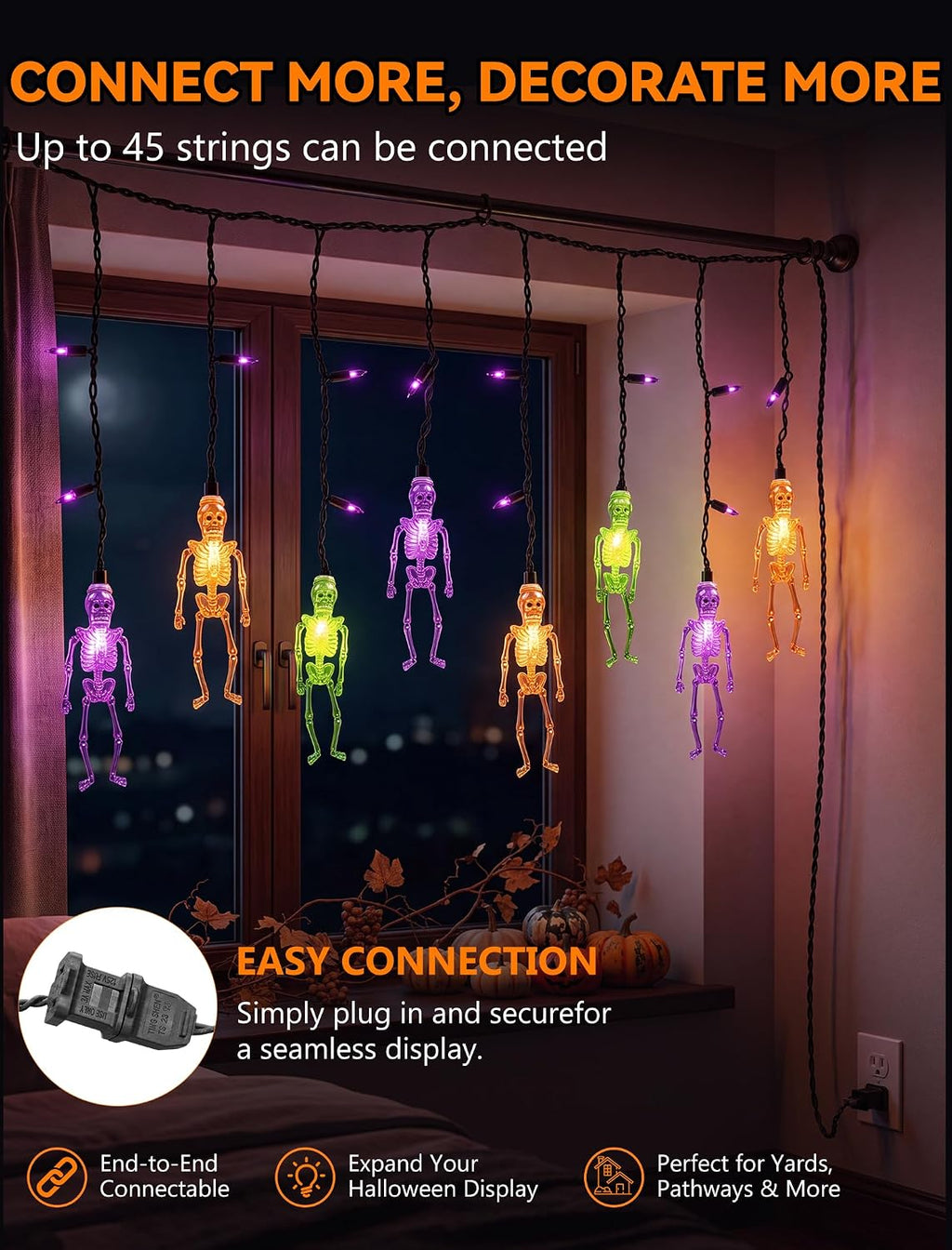 7FT 10 LED Halloween Skull Curtain String Lights, 15 Purple Bulbs, Plug in