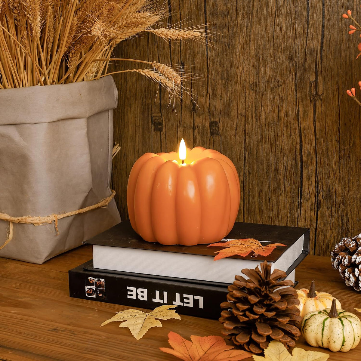 JOIONE Fall Flameless Orange Pumpkin Candle with Remote, Halloween Decor