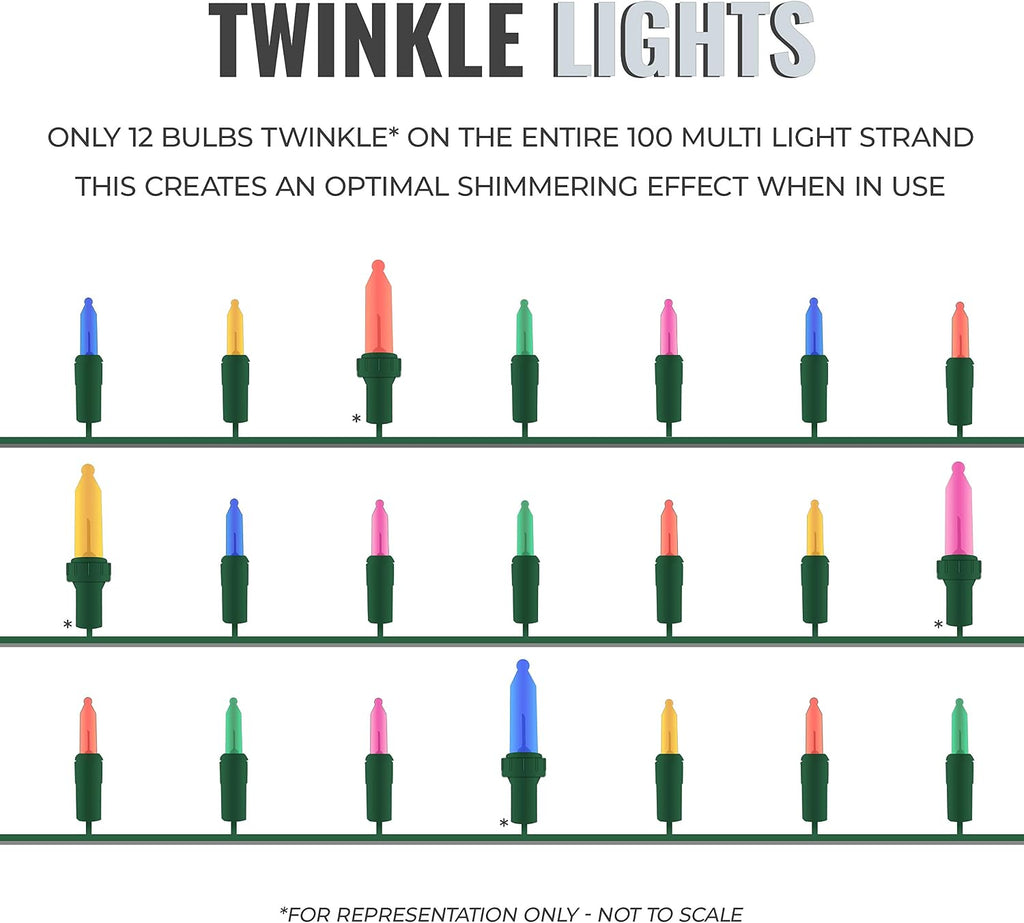 612 Vermont 100 Multi Incandescent Christmas Twinkle Lights, Green Wire
