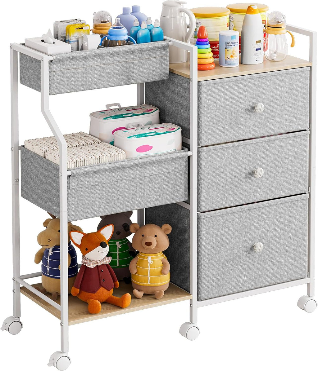 Modanais Baby Diaper Caddy Organizer Rolling Cart with Drawers, Light Gray