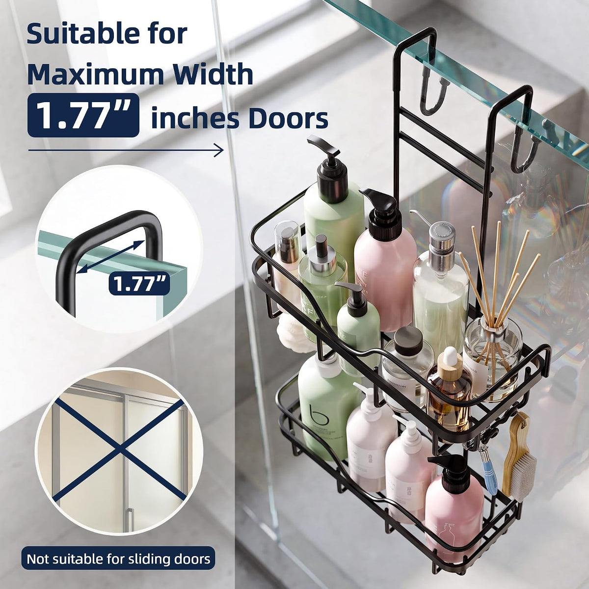 Skyapex Over the Door Shower Caddy Hanging: Black Rustproof Bathroom Organizer Over Glass with Hooks