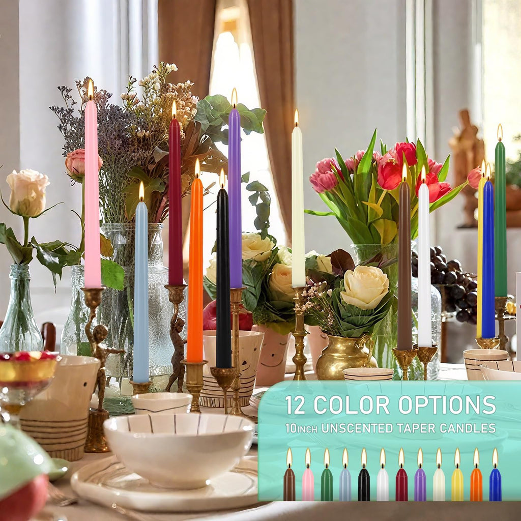 Howemon 24 Pack 10" Tall Colored Taper Candles, Dripless Unscented Colorful Candlesticks for Birthdays Dinner Party Home Décor, Long Burning Spell Chime Candles for Witchcraft Ritual Prayer Meditation