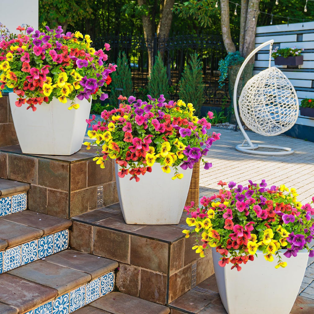 Pansies Artificial Flowers for Outdoors 12 Bundles Fake Silk Pansy Faux Plastic Plants UV Resistant for Home Outside Garden Planter Front Door Porch Yard Patio Decor (Multicolor)