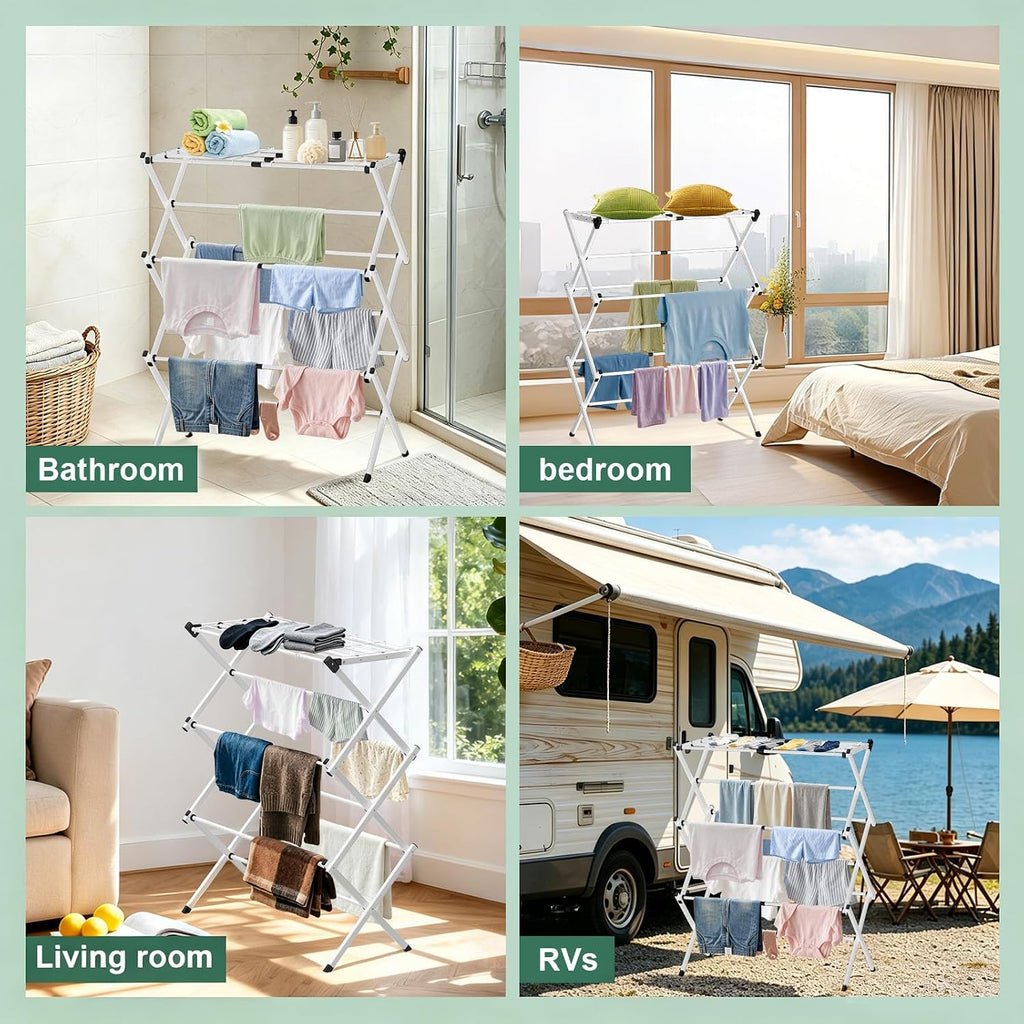 BAKON Space Saving Foldable Clothes Drying Rack, Extendable Rustproof Laundry Rack for Indoor Outdoor Use, No Assembly Required, Suitable for Bathroom Laundry Room Apartment RV, Gray, 2 Mesh