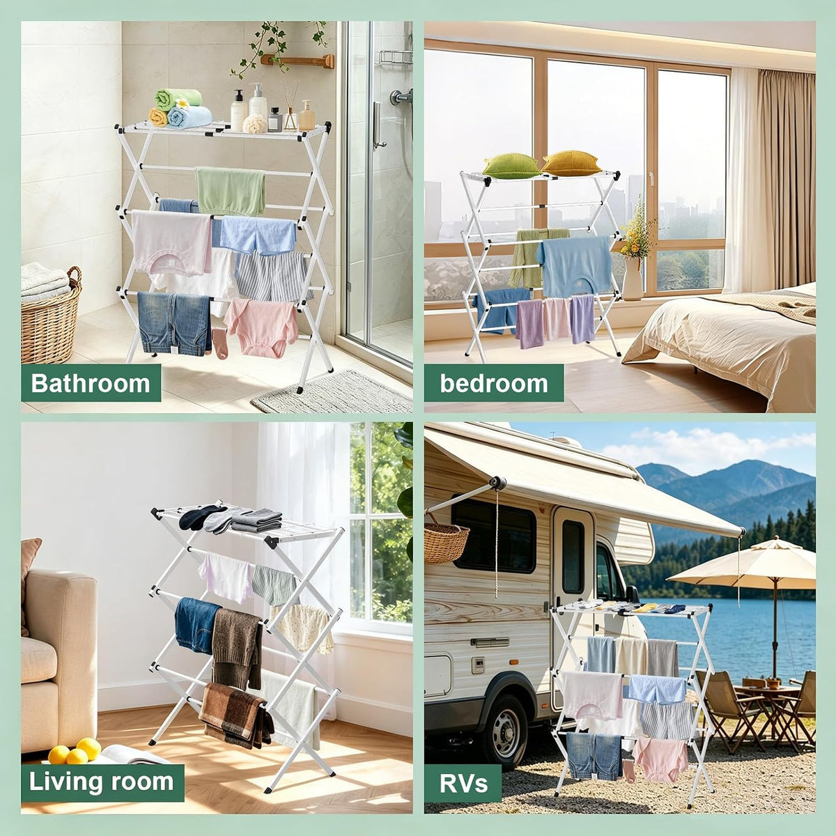 BAKON Space Saving Foldable Clothes Drying Rack, Extendable Rustproof Laundry Rack for Indoor Outdoor Use, No Assembly Required, Suitable for Bathroom Laundry Room Apartment RV, Gray, 2 Mesh