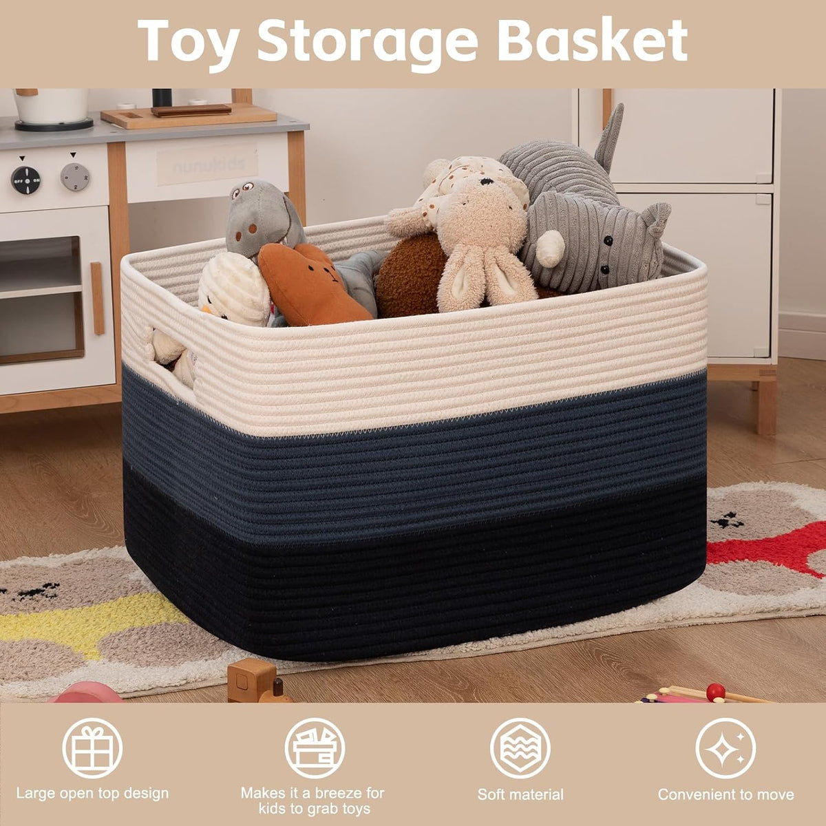 OIAHOMY 118L Extra Large Blanket Basket Cotton Rope Storage Basket Blue