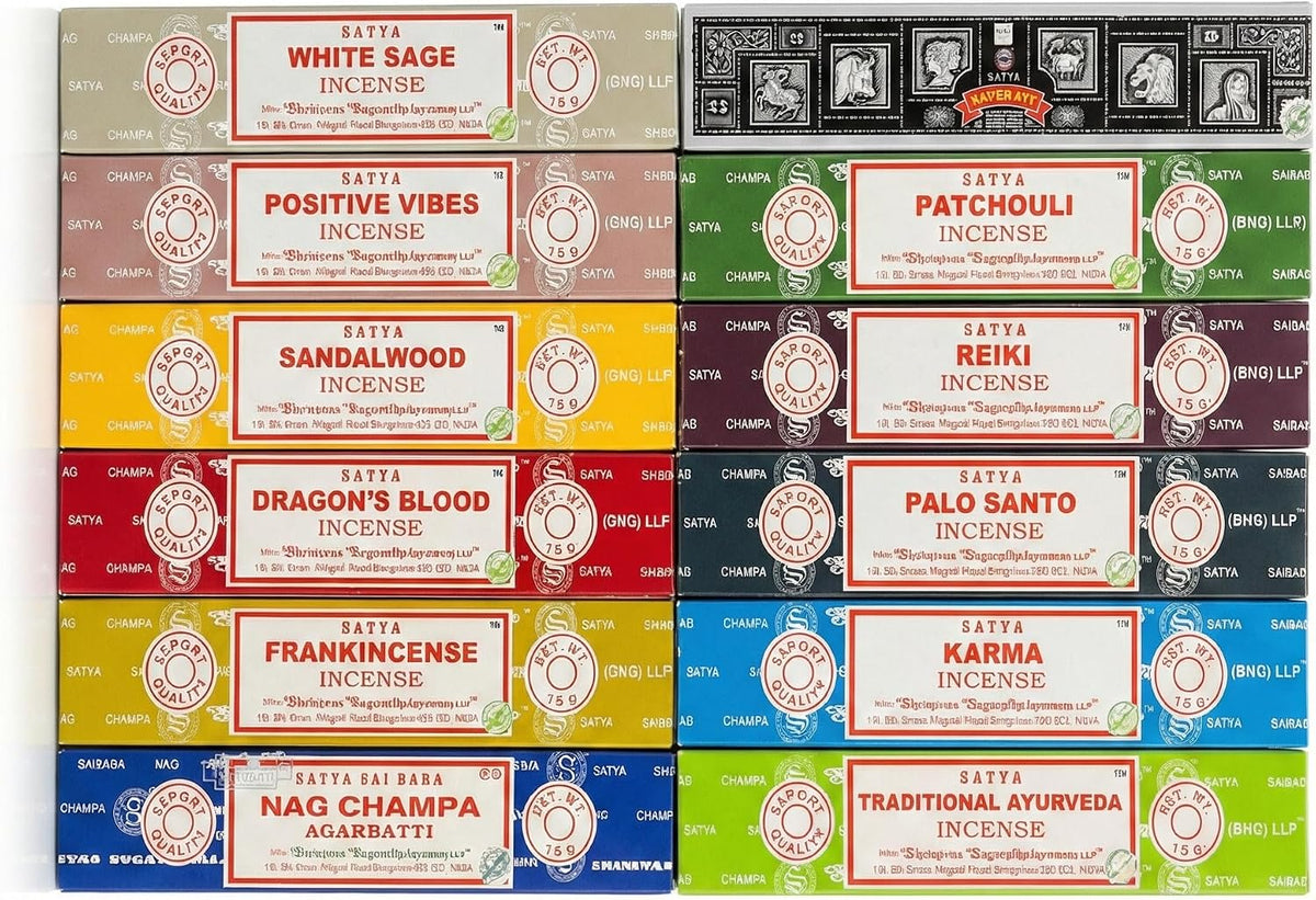 Earth Satya Assorted Masala Incense Sticks 12 Pack (15g Each) Nag Champa & Sandalwood Variety Set, Natural Hand Rolled Agarbatti for Relaxation & Aromatherapy