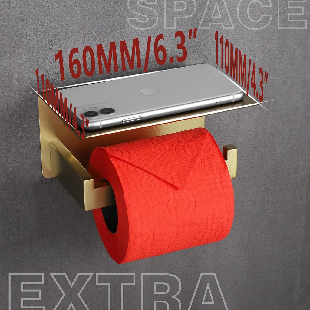 LANC Gold Toilet Paper Holder with Shelf, Toilet Paper Roll Holder with Phone Shelf for Bathroom Wall Mounted, 304 Stainless Steel Toilet Tissue Holder, Brushed Gold, A8367BG