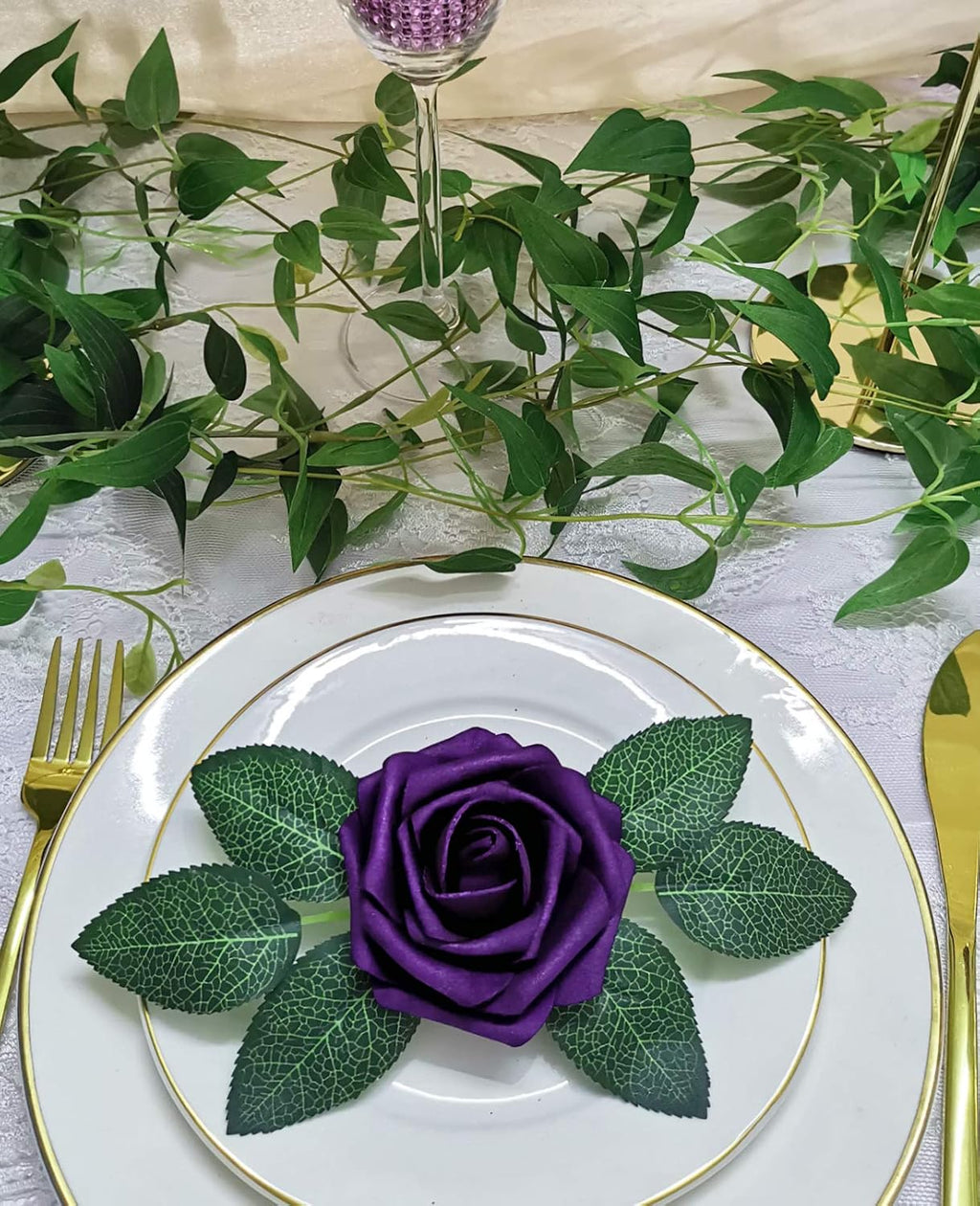 Artificial Flowers 25PCS Real Looking Ombre Colors Purple Fake Roses with Stem for DIY Wedding Bouquets Centerpieces Baby Shower Party Home Decorations