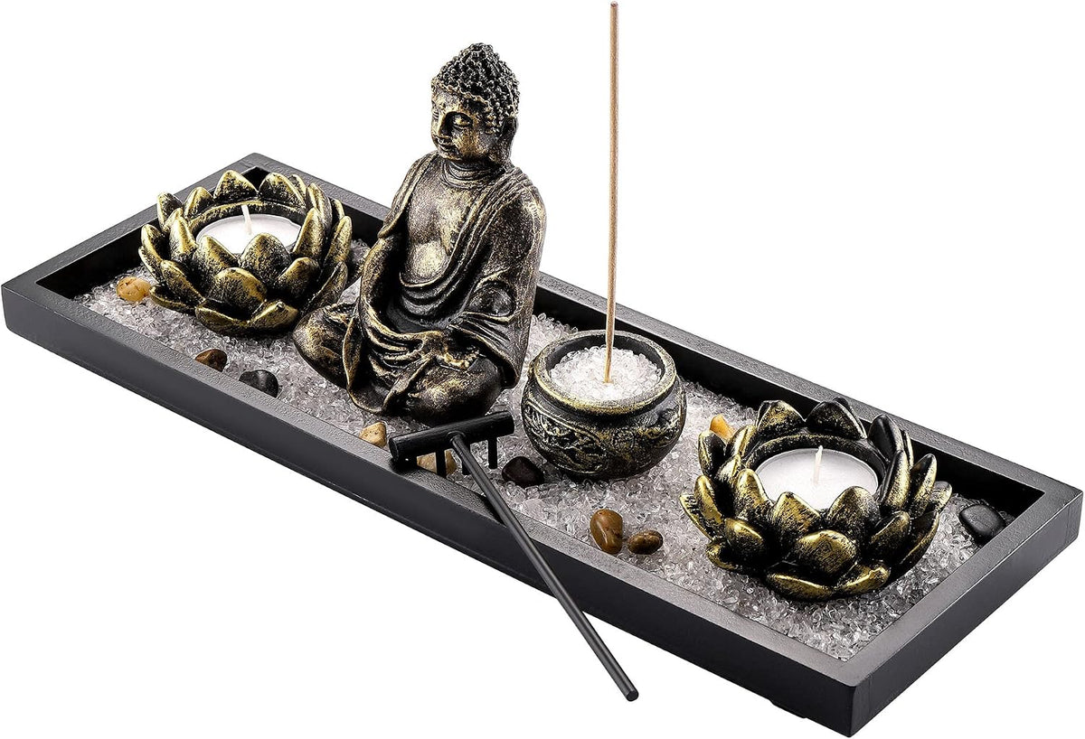Jovivi Zen Garden Set Buddha Statue 2 Lotus Tealight Candle Holders