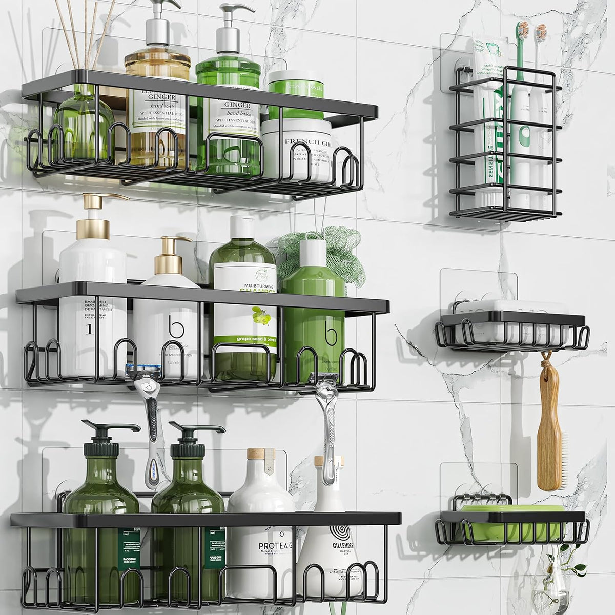 Simple Trending 6-Pack Shower Caddy Adhesive with Large Capacity