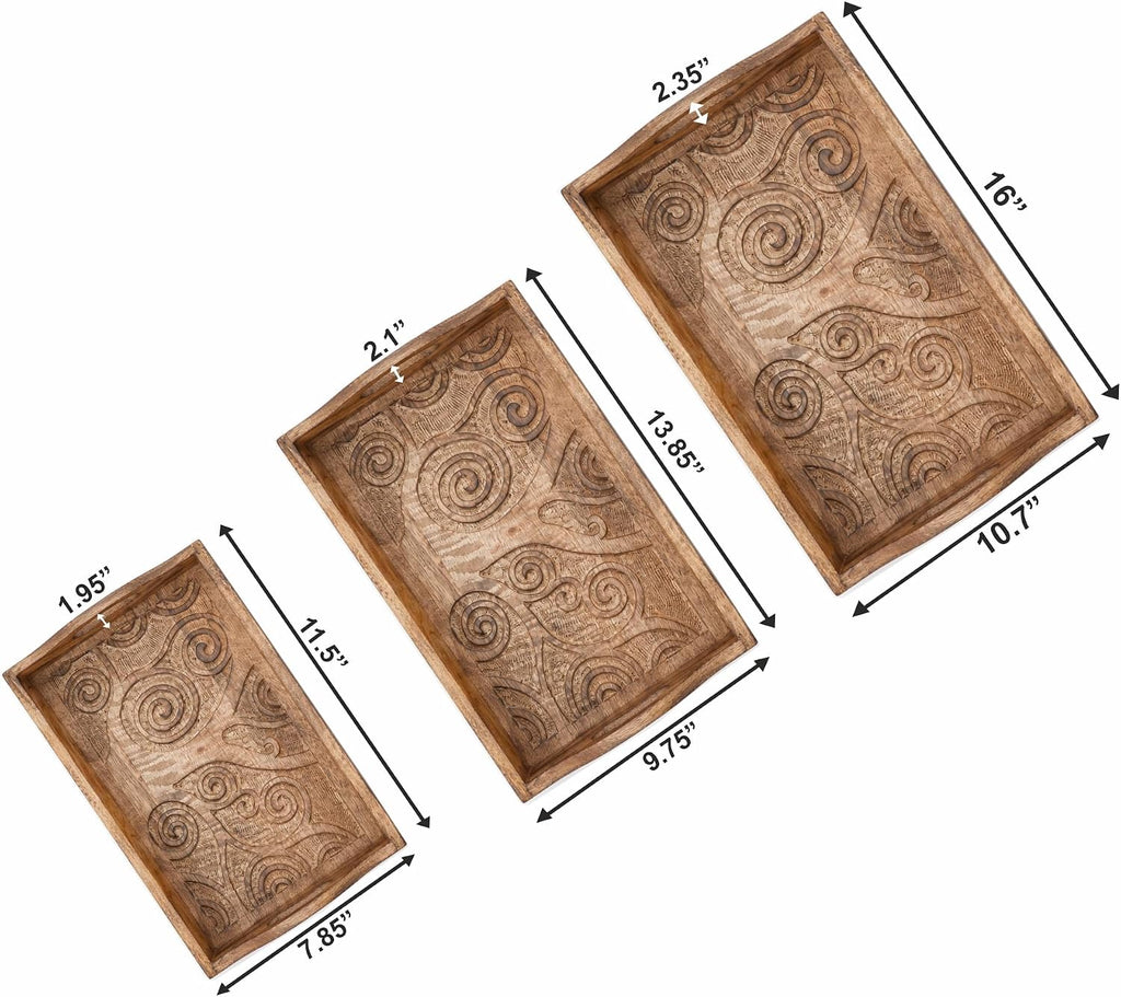 Ajuny Wooden Serving Trays Set of 3 with Handles, Tree of Life Carved Trays