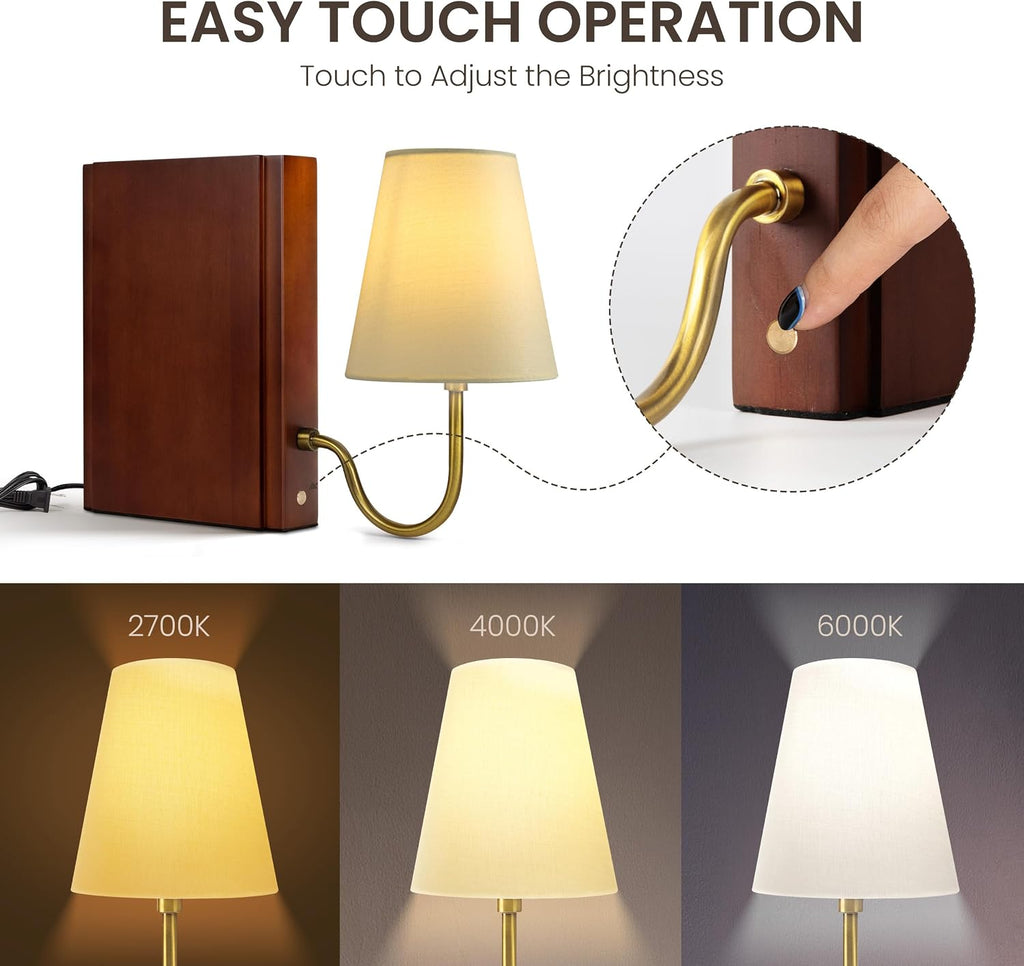 AELS Solid Wood Bookshelf Lamp with Bulb, 3-Color Touch Control Dimmable Table Lamp with Linen Shade, Modern Decorative Bookend Lamp for Bedroom, Office & Bookshelf Decor, Dark Brown (Pack of 2)