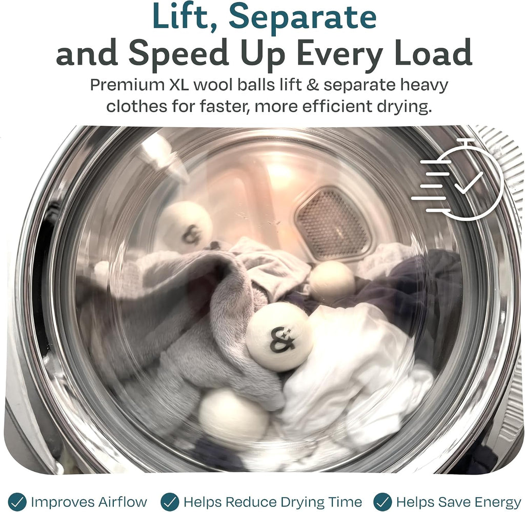 Steam & Go XL Wool Dryer Balls Set, 6 Premium 100% New Zealand Wool Laundry Dryer Balls, Natural Fabric Softener, Reusable Dryer Sheet Alternative, Reduces Static & Drying Time