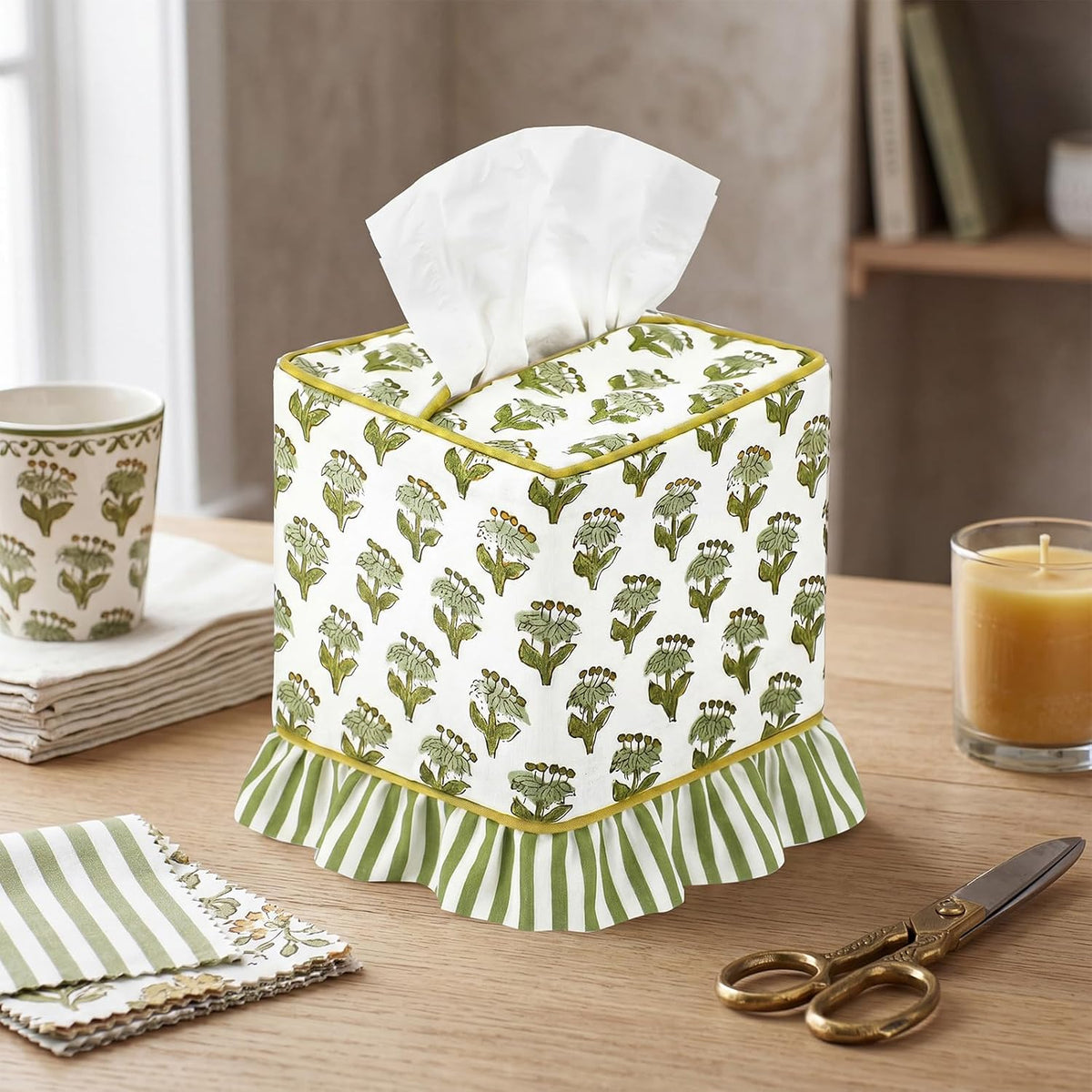 Emerald Green Floral Ruffle Tissue Box Cover Block Printed