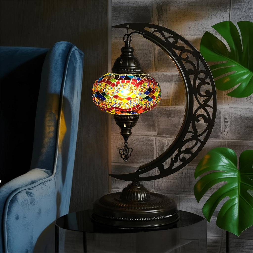 Turkish Mosaic Lamp, Crescent Moon Table Lamp, E12 Bulb Included