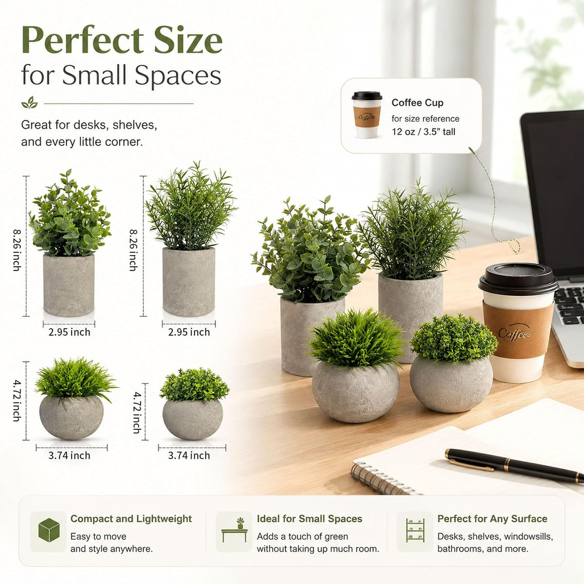 Set of 4 Small Artificial Plants in Pots, Faux Greenery Cement Desk