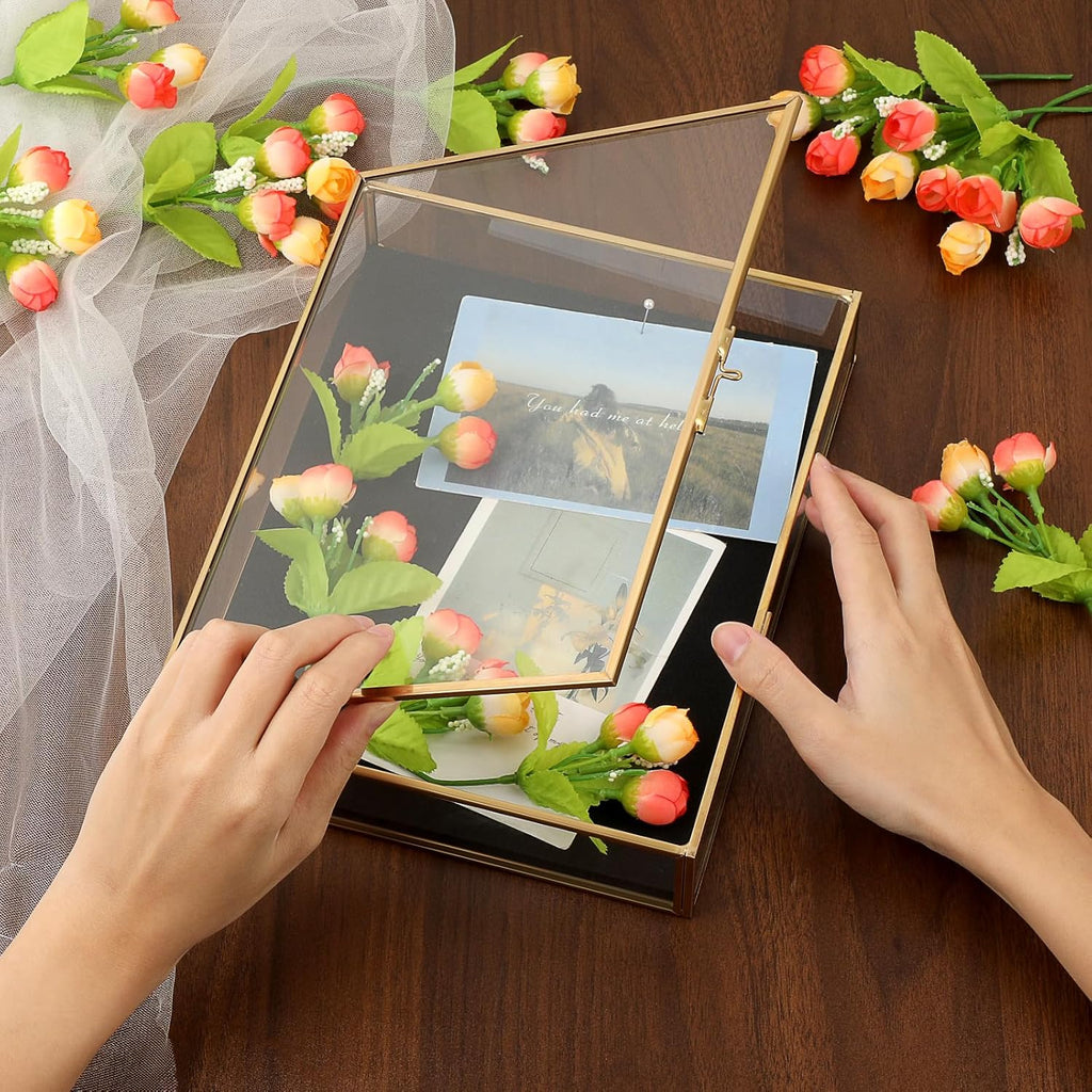 ELLDOO Shadow Box Frame 8x10inch - Glass Display Case with Black Foam Backplane and Pins for Tabletop and Wall Display, Gold Metal Keepsakes Memory Box for Wedding Bouquet Memorabilia Medals Photos