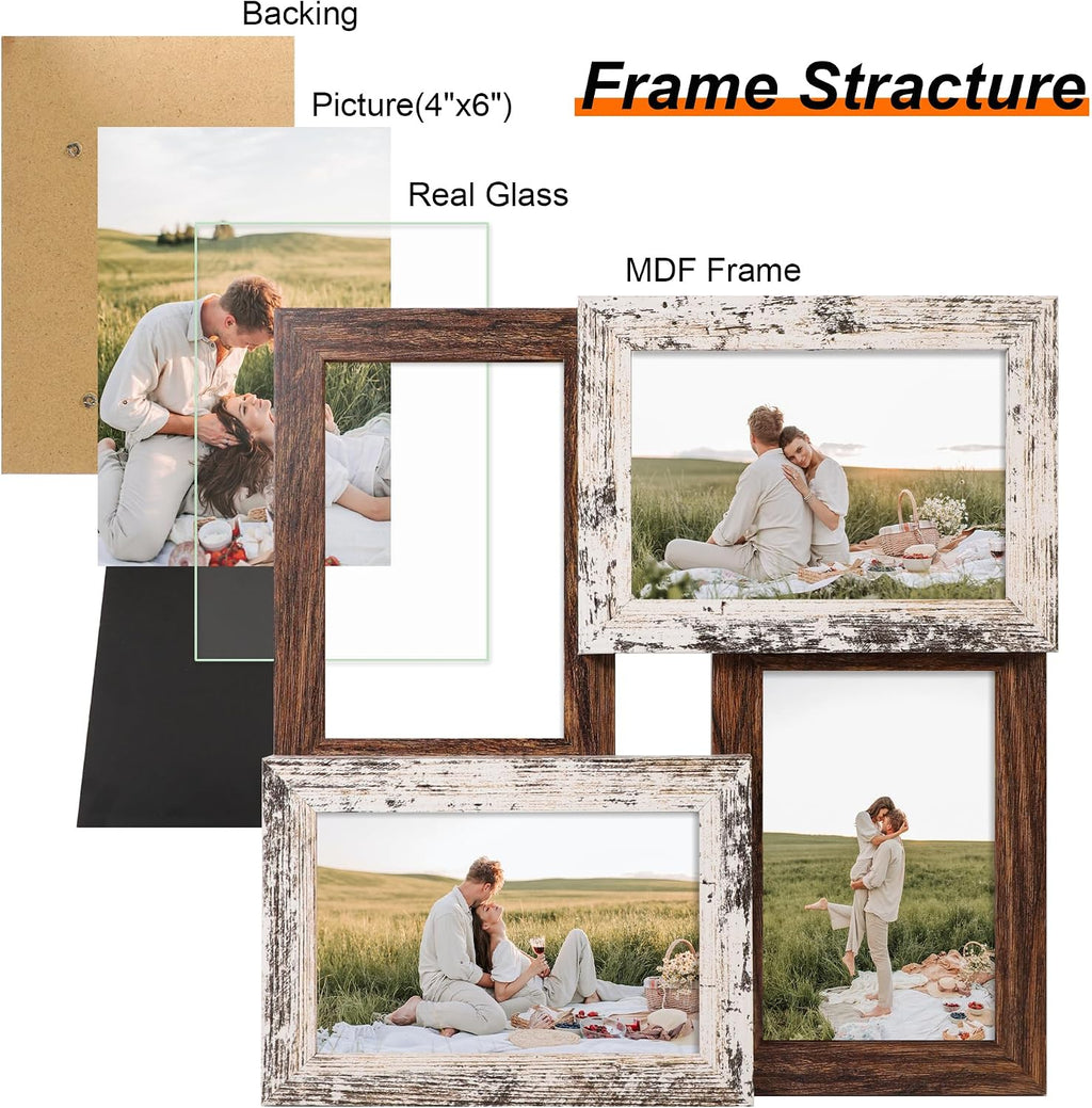 YESKAY 4x6 Collage Picture Frames, Multi Family Photo Frame with Real Glass, Displays Four 4x6 Photo, Wall Decor Wall Hanging or Tabletop, Distressed White+Rustic Brown