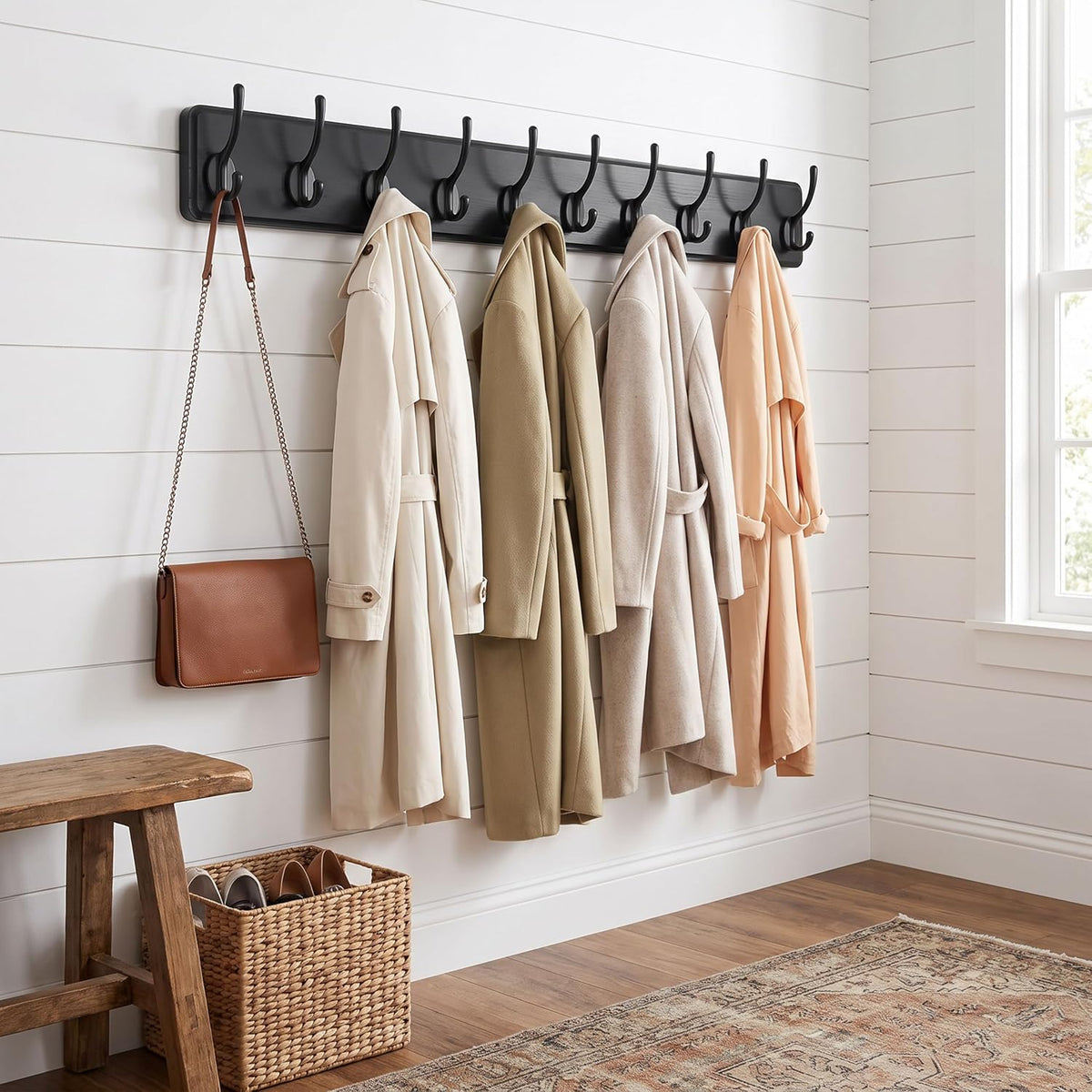 WEBI Coat Rack Wall Mount,38 9/16" Long,10 Hooks,Coat Hooks Wall Mounted Large Coat Hanger Wall Hooks for Hanging Coats,Clothes,Jacket,Hats,Entryway,Black