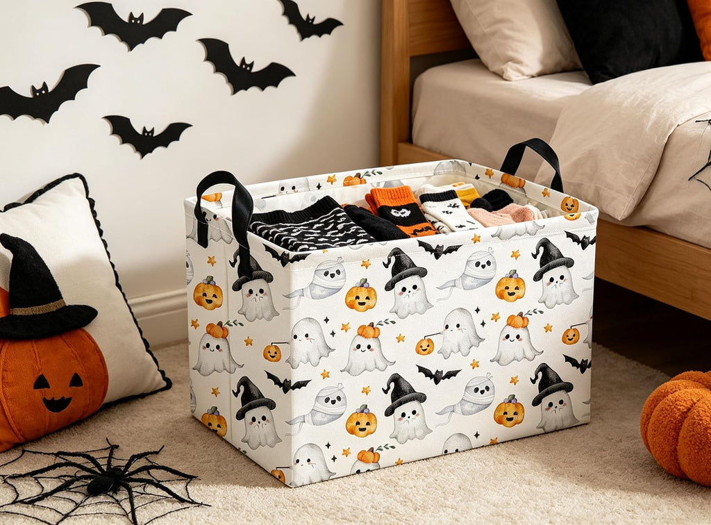 Rectangular Halloween Baskets Ghost Basket Cute Storage Bins Organizer Box Girls Room Decor for Home.(Cute Ghost)