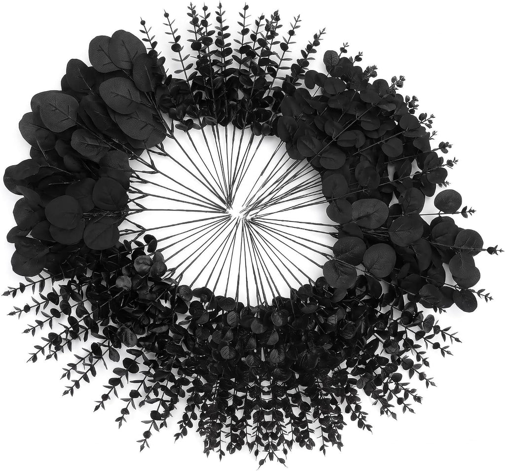 120 Pcs Black Artificial Eucalyptus Stems, 3 Styles Matte Pure Faux Eucalyptus Leaves Branches for Gothic Party Halloween Dark Wedding Industrial Home Decoration