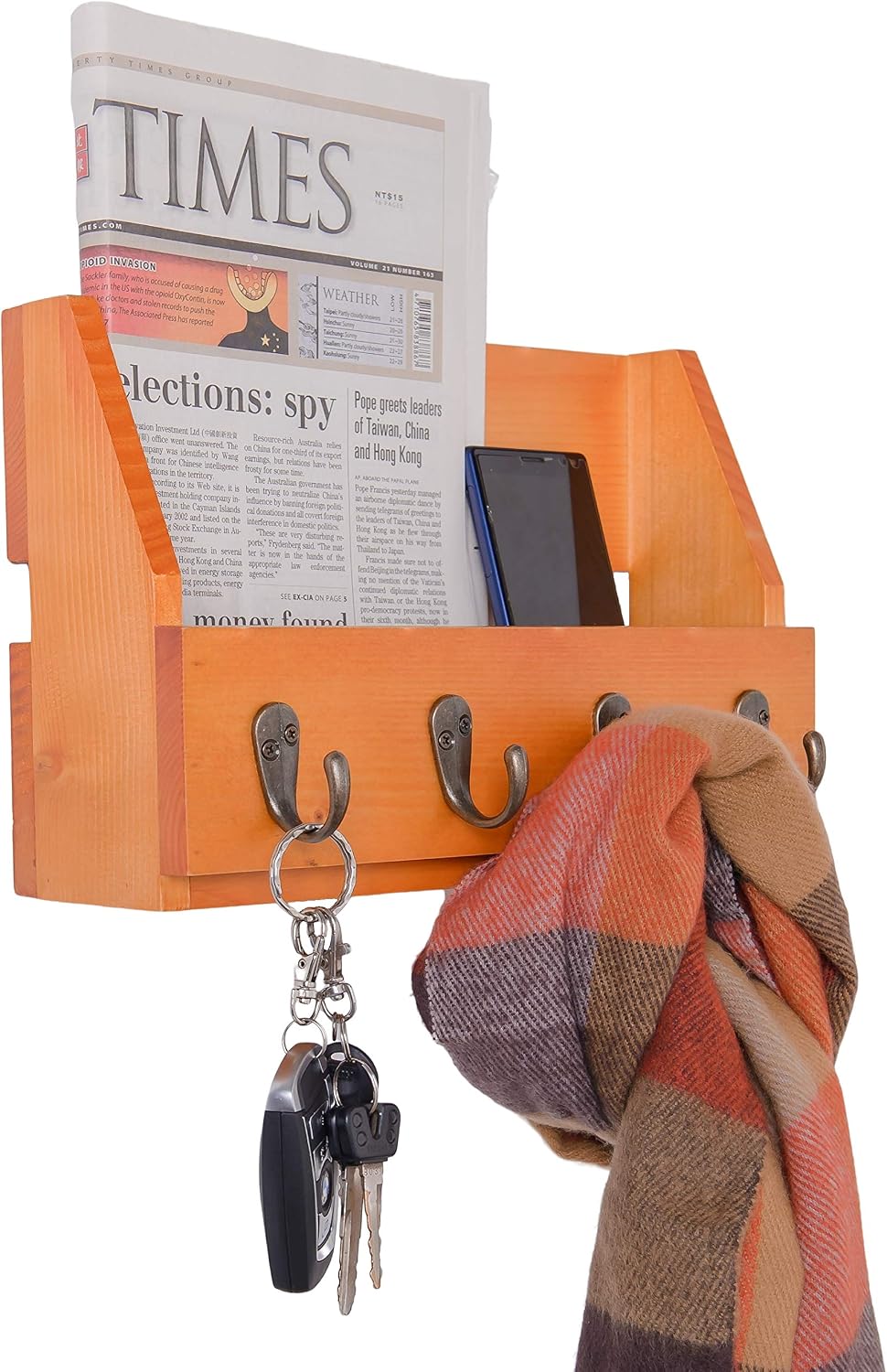Wall Mounted Key and Mail Holder with 4 Hooks. Made of Solid Wood. Use as Key Rack, Entryway or Mudroom Organizer, Mail Sorter, Magazine Holder, Bill Sorter, Rustic Home Décor (Oak)