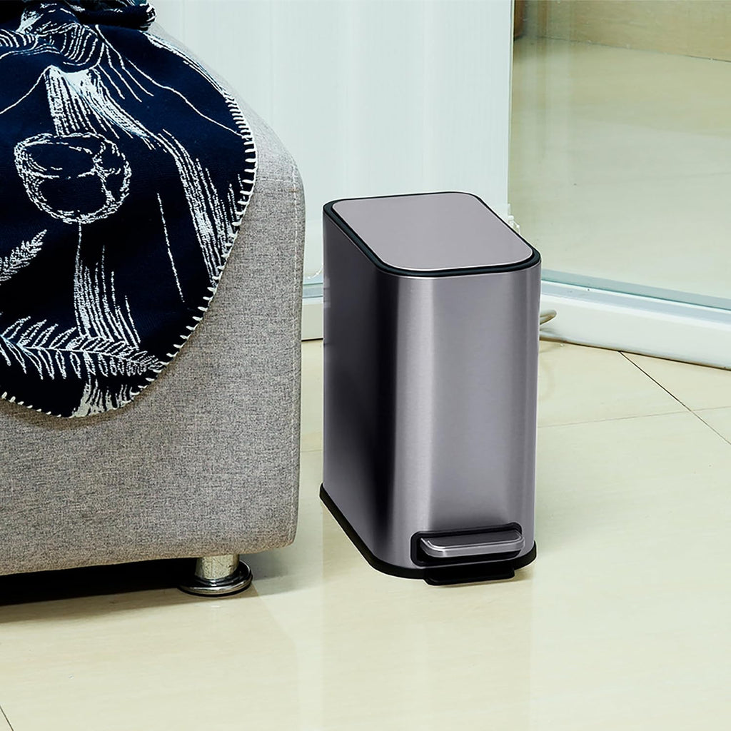 RED FACTOR Slim 1.3 Gallon Stainless Steel Pedal Trash Can with Soft Close Lid for Narrow Spaces – Small Wastebasket Bin with Removable Inner Bucket (Metallic Grey)