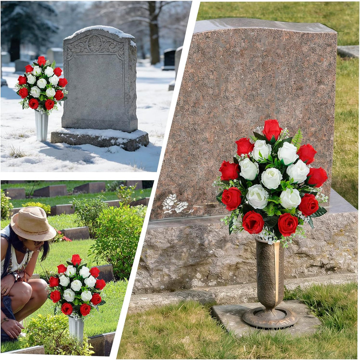 Set of 2 Artificial Cemetery Flowers with Vase, Artificial Grave Flowers Outdoor Memorial Rose Bouquets for Cemetery Headstone Graveyard Decor (Red White)