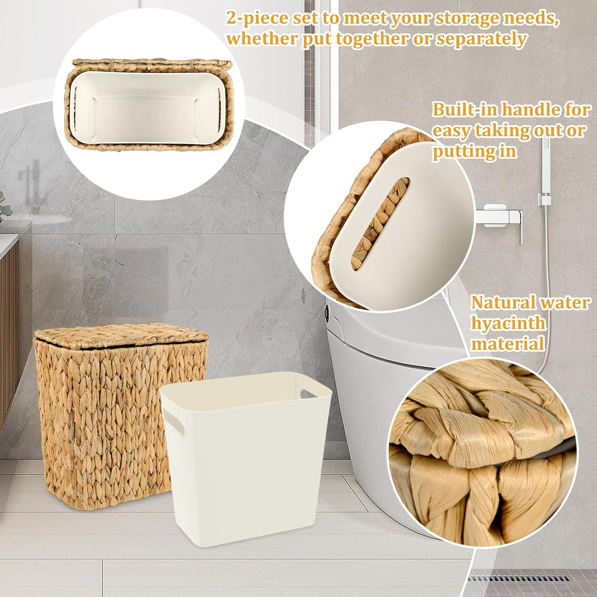 Wicker Trash Can with Lid and Liner, Handwoven Wicker Waste Basket, Water Hyacinth Bathroom Trash Can, Boho Rattan Garbage Wastebasket for Bedroom Home Living Room Office Kitchen, 2.5 Gallon