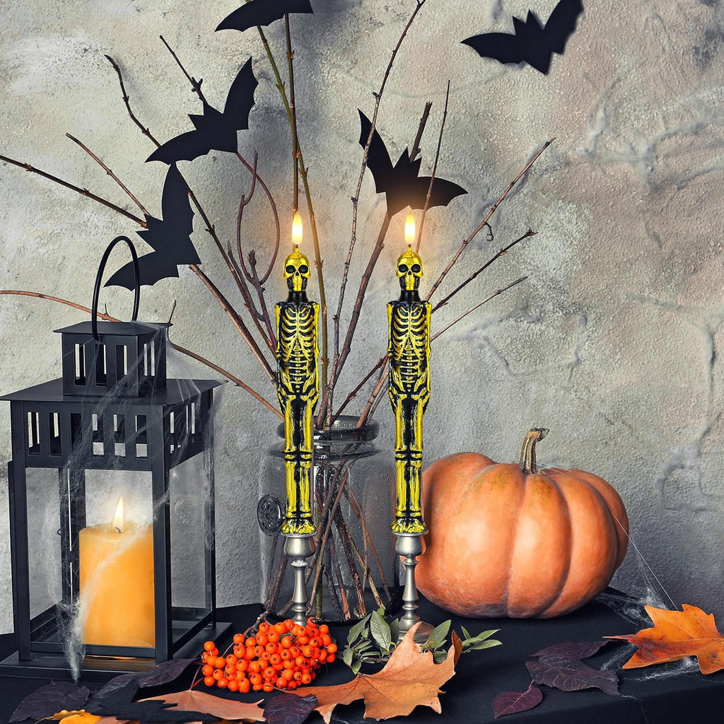 Halloween Skull Flameless Taper Candles Battery Operated, 2 Pack