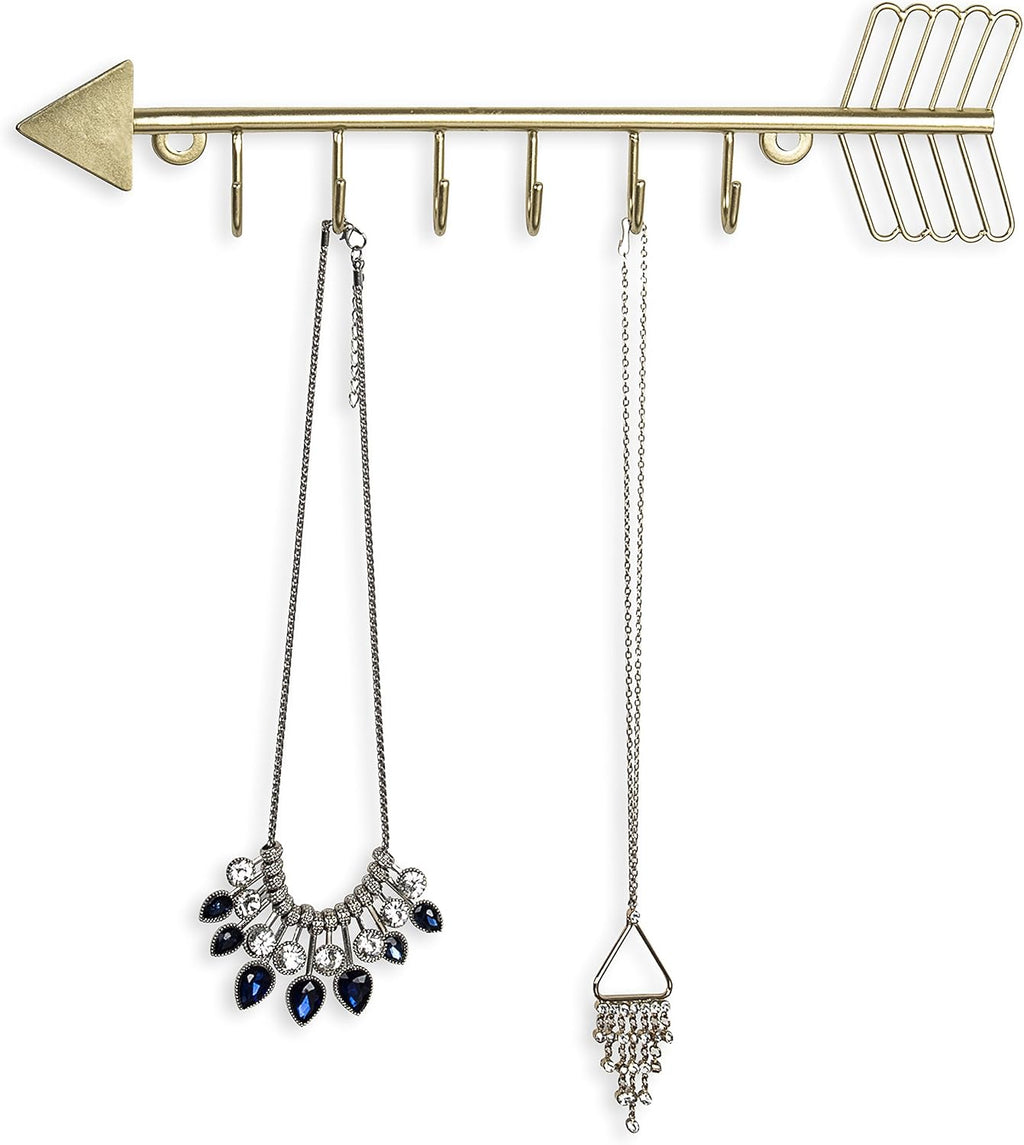 MyGift 12 Inch Wall Mounted Brass Tone Metal Arrow Shaped Jewelry Organizer, Hanging Accessories Storage Display Rack with 6 Hooks for Necklaces Bracelets Keys