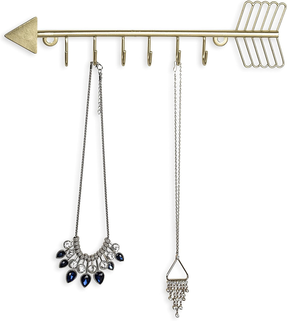 MyGift 12 Inch Wall Mounted Brass Tone Metal Arrow Shaped Jewelry Organizer, Hanging Accessories Storage Display Rack with 6 Hooks for Necklaces Bracelets Keys