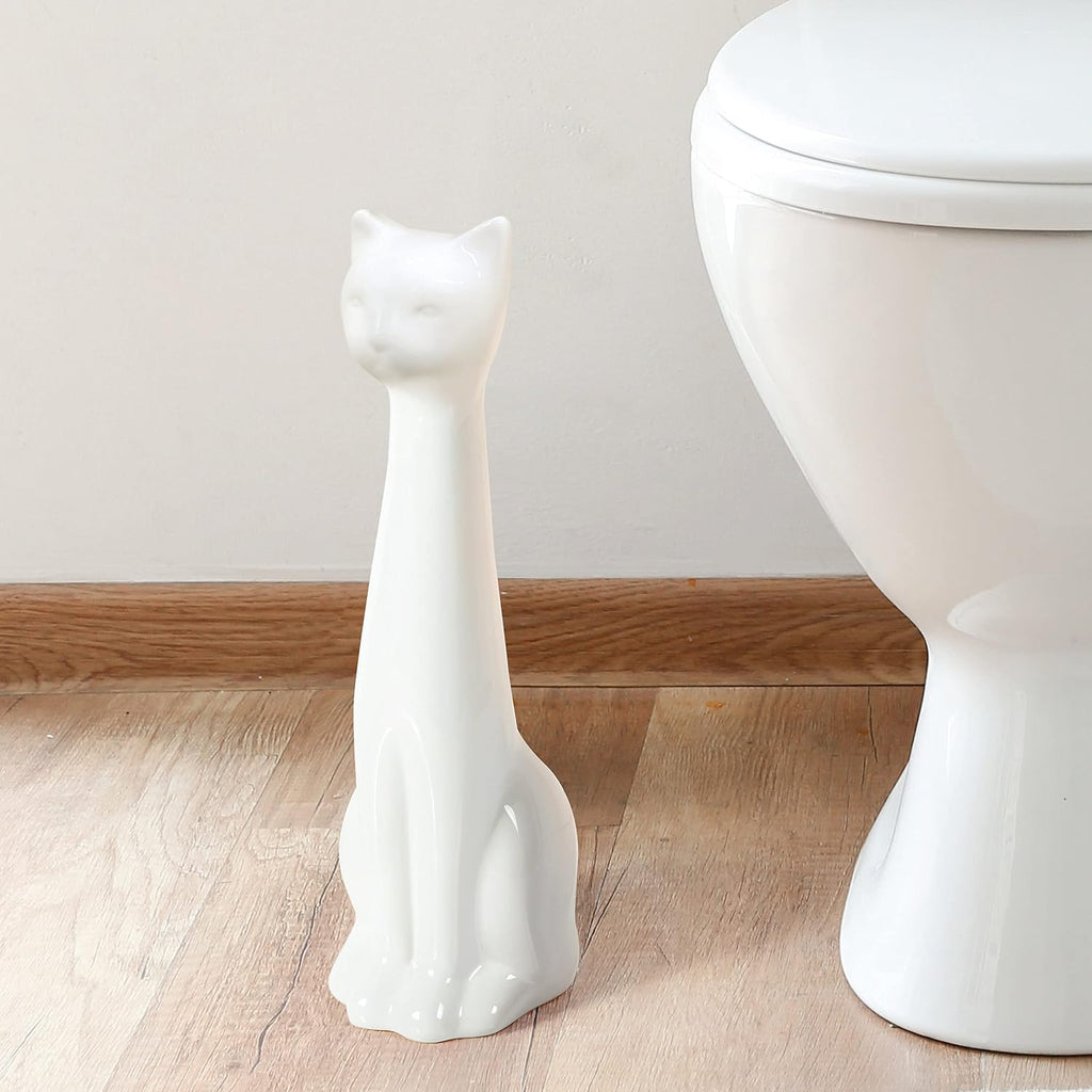 Allure Home Creation Cat 3-Piece White Ceramic Toilet Brush Holder w/White Plastic Handled Scrub Brush & Soap Dispenser