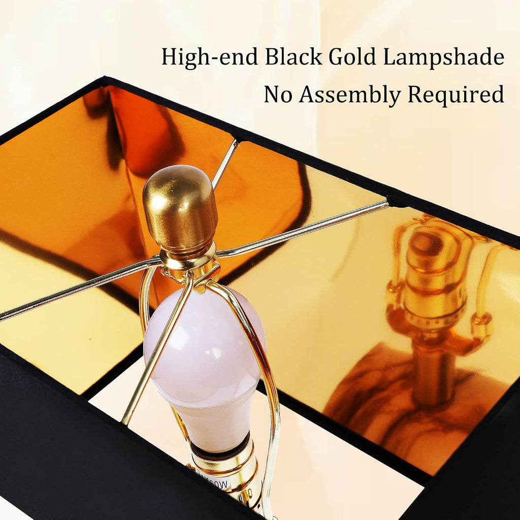 Touch Control Table Lamps Set of 2, Modern Contemporary Bedside Lamp with 2 USB Ports 1 AC Outlet, 3-Way Dimmable Nightstand Lamp Faux Marble Gold Black Rectangular Shade for Living Room Bedroom