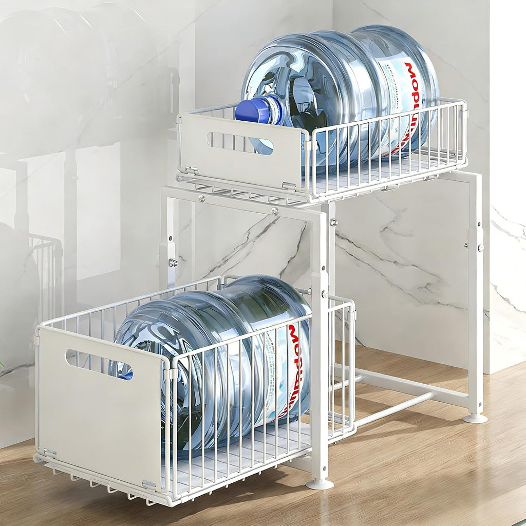 Under Sink Organizer, 2-Tier Multi-Use Kitchen and Bathroom Organizers and Storage, Slide Out Thickened Metal Under The Sink Organizer for Kitchen Bathroom Pantry (Style A White, 2 Pack)