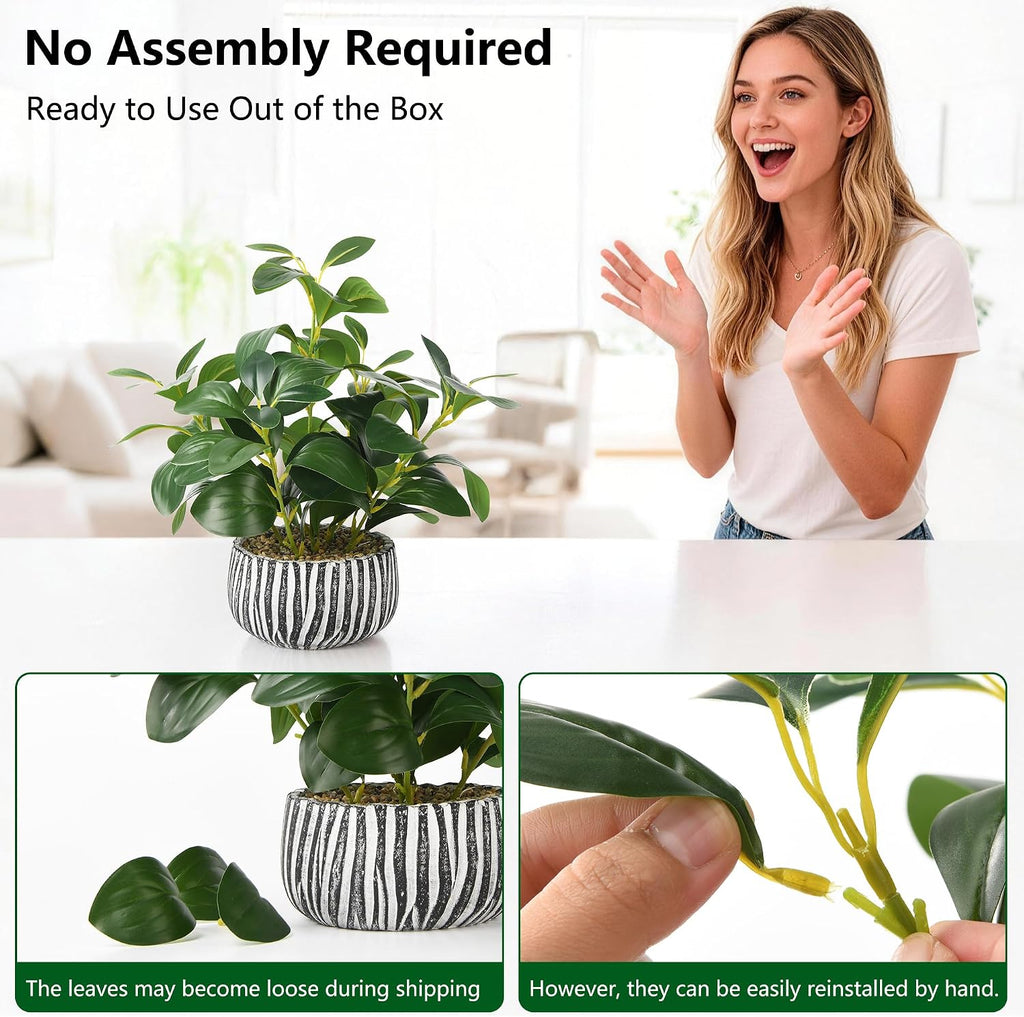 florisso Fake Plants Artificial Plants Indoor, Faux Potted Plants Indoor Artificial Succulents with Fig Leaf Look Real Greenery with Planter for Office Desk Coffee Table Home Decor(Black White)