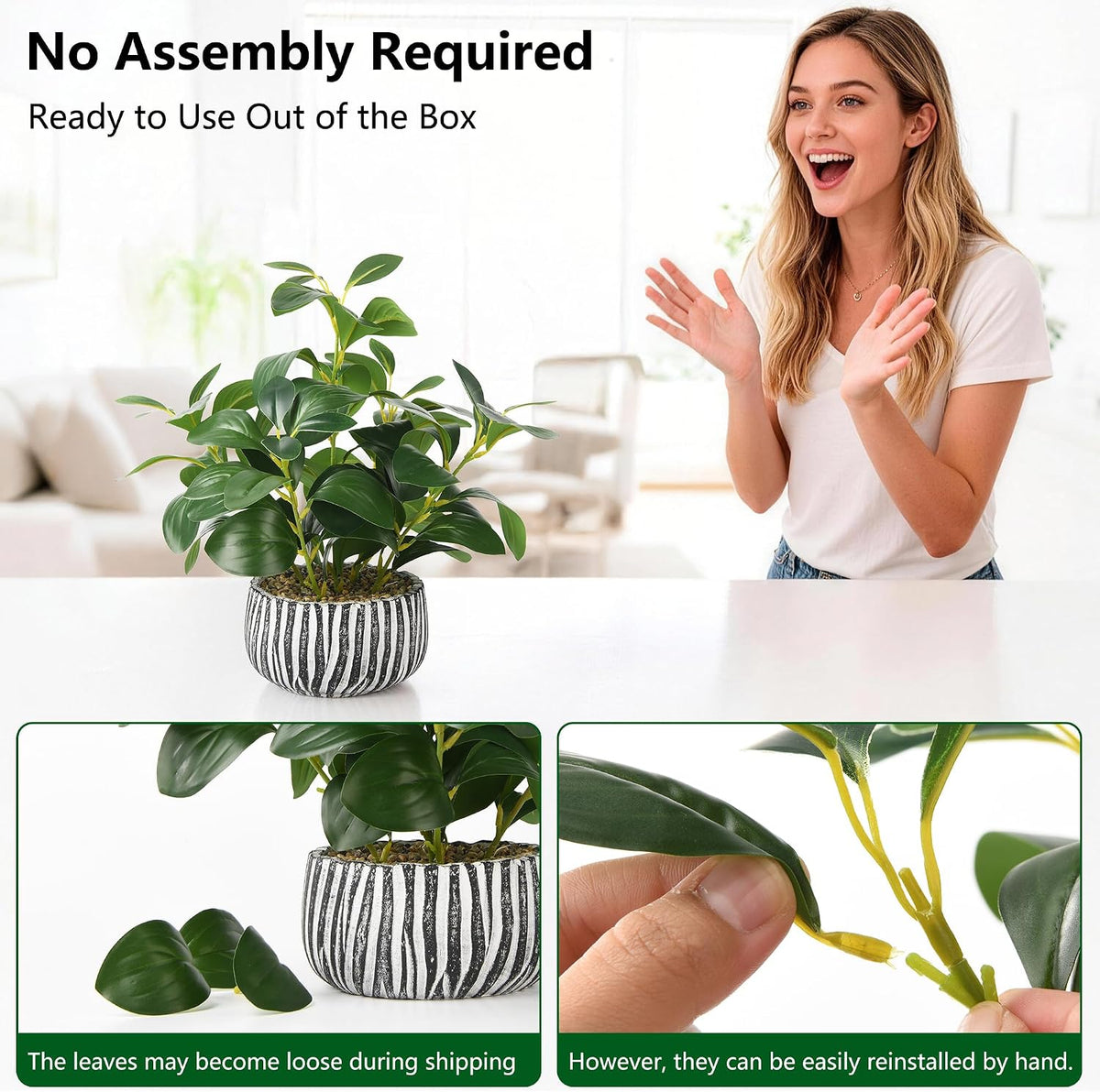 florisso Fake Plants Artificial Plants Indoor, Faux Potted Plants Indoor Artificial Succulents with Fig Leaf Look Real Greenery with Planter for Office Desk Coffee Table Home Decor(Black White)