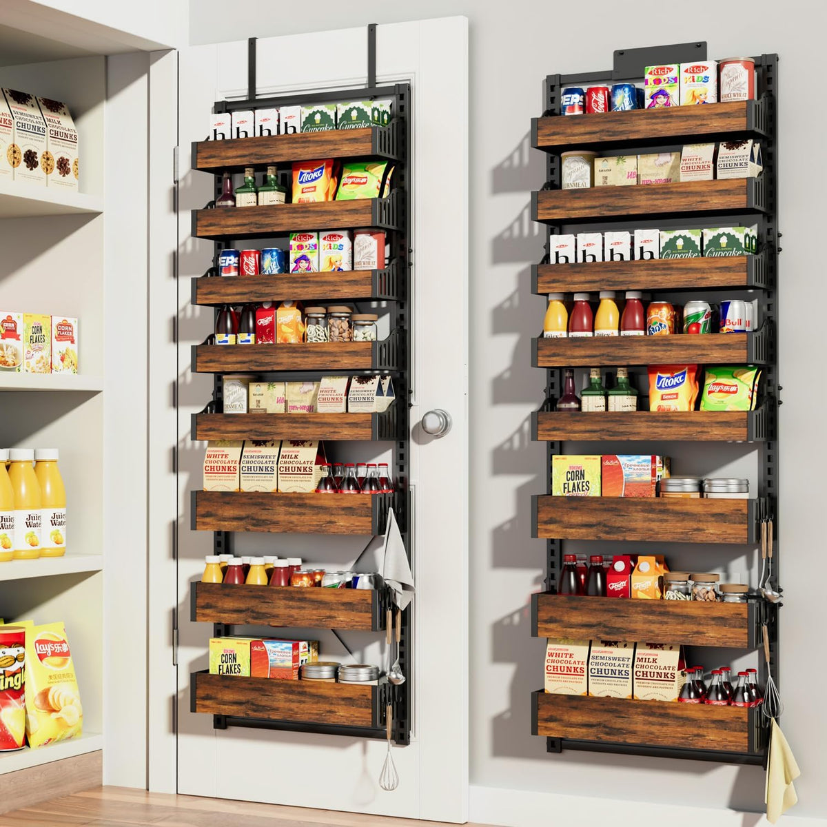 Over the Door Pantry Organizer: Pantry Organization and Storage with Hanging Shelves - 8-Tier Adjustable Basket Metal Spice Rack for Kitchen Bathroom Bedroom & Laundry Room