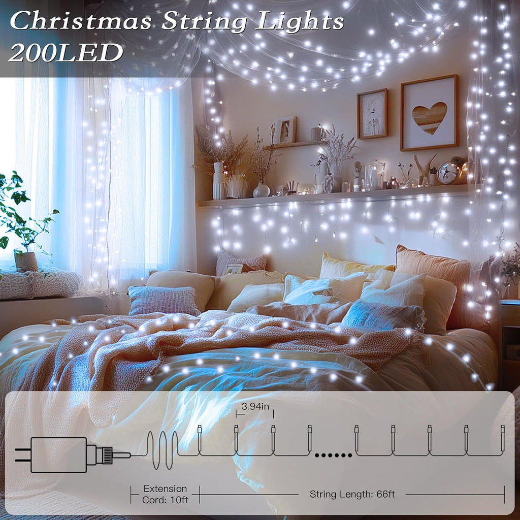 66FT 200 LED Christmas Tree Lights, Bright Cool White Outdoor Christmas String Lights for House, Fairy Lights with 8 Modes, Waterproof & Durable Indoor Outdoor Decor, Timer Included
